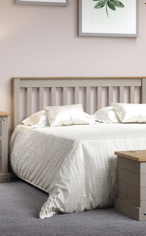 Traditional double bedstead with a low footboard and slatted head and foot ends for rustic charm and support; height 100cm, width 147.6cm, depth 201.5cm; weight 28kg.