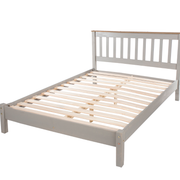 Sturdy 4ft6 double bed frame featuring natural slatted detailing at both ends and a classic low-profile design; dimensions: 100cm H × 147.6cm W × 201.5cm D; weighs 28 kilograms.