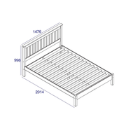 Rustic-style double bed with slatted headboard and footboard, offering timeless appeal and solid construction; overall size 100cm tall, 147.6cm wide, 201.5cm deep; total weight 28kg.
