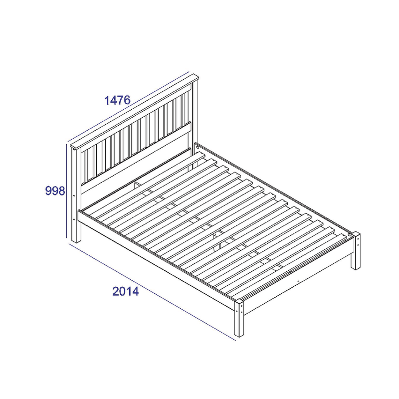 Rustic-style double bed with slatted headboard and footboard, offering timeless appeal and solid construction; overall size 100cm tall, 147.6cm wide, 201.5cm deep; total weight 28kg.