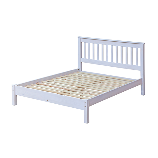 4ft6 low-end double bed featuring a slatted base and natural pine detailing for a timeless bedroom style; dimensions: 100cm H × 147.6cm W × 201.5cm D; weighs 31 kilograms.