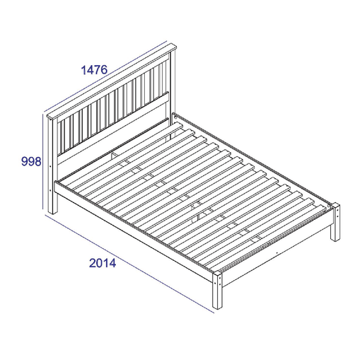 Solid double bedstead with a low foot end and robust slatted construction, finished in smooth pine; measures 100cm tall, 147.6cm wide, and 201.5cm deep; total weight 31kg.