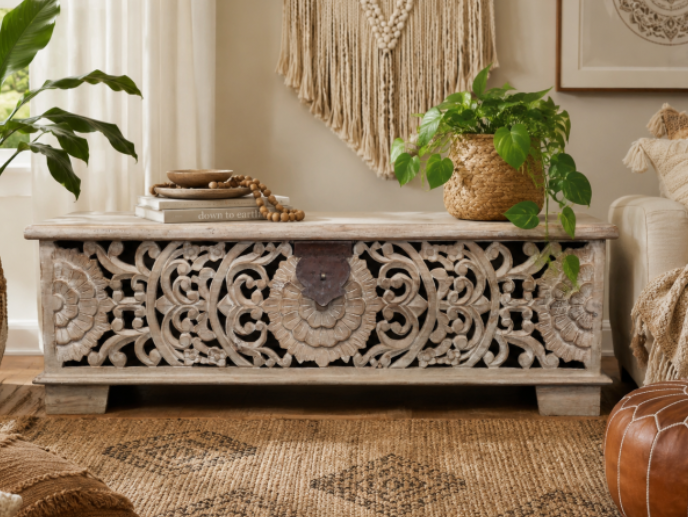 WHITE CARVED STORAGE BENCH