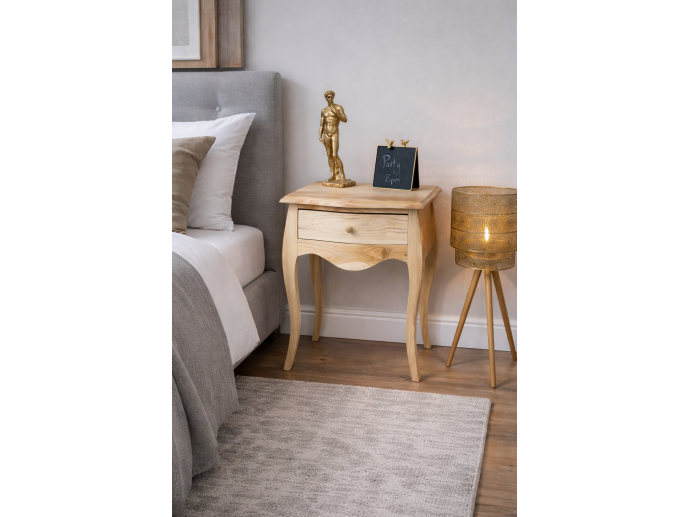 BEDSIDE CABINET SHORT WAVY LEGS UNFINISHED