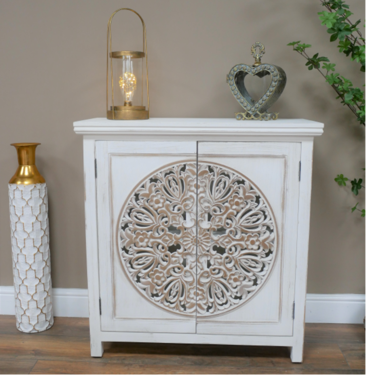 WHITE GOLD CARVED CABINET 2 DOORS