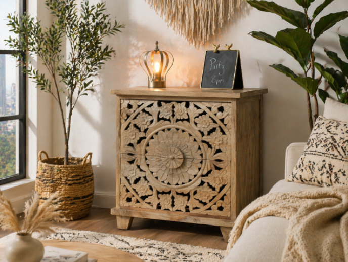 CARVED BEDSIDE 2 DRAWER CUT OUT