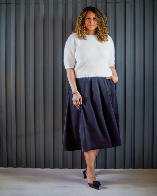 Chalk women’s Audrey skirt satin black midi styled casual outfit
