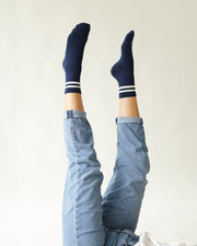 Chalk women’s bamboo ankle socks navy worn on feet