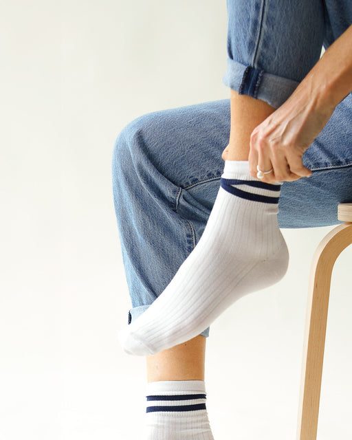 Chalk women’s bamboo ankle socks white worn on feet close-up detail