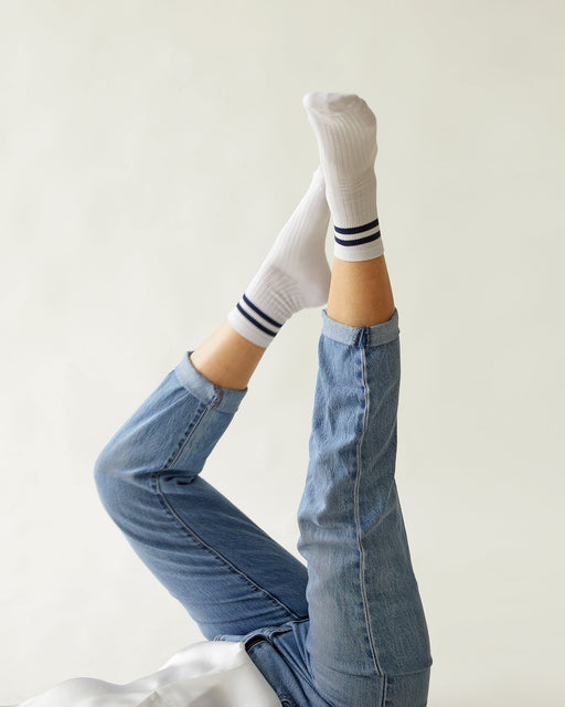 Chalk women’s bamboo ankle socks white worn on feet standing casual