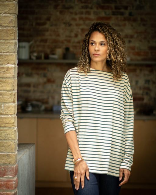 Chalk women’s Bryony stripe top evergreen green and cream styled outfit