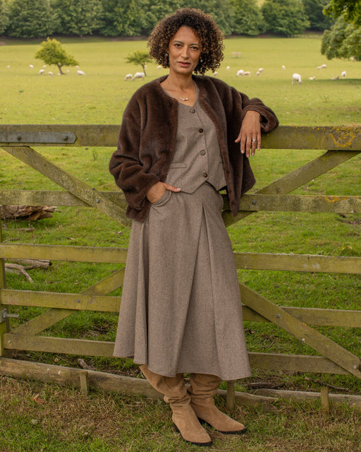 Chalk women’s Delilah coat cappuccino brown wool longline styled layered outfit
