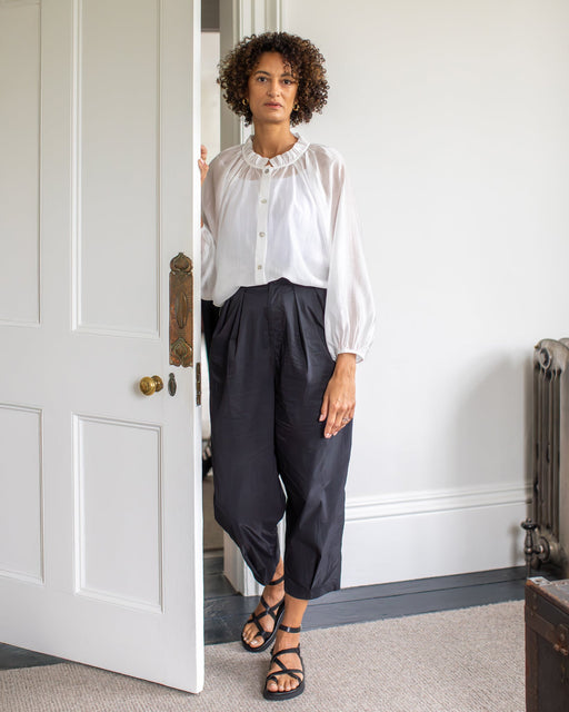 Chalk women’s Kendal trouser black tailored straight leg close-up fabric texture