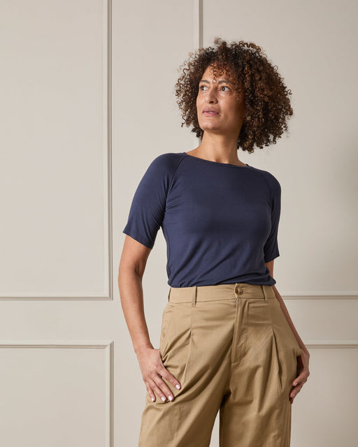 Chalk women’s Maddie top navy cotton short sleeve styled outfit with trousers