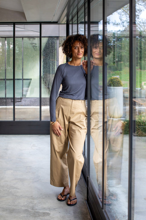 Chalk women’s Monica t-shirt charcoal grey cotton long sleeve styled outfit with trousers