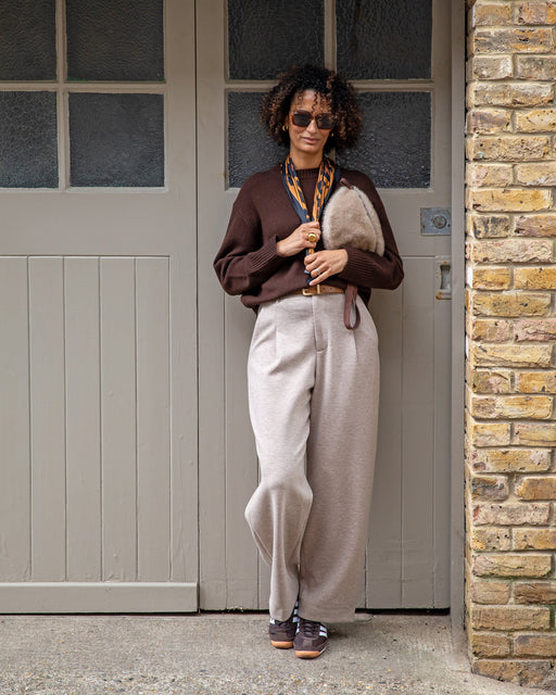 Chalk women’s Regan wide leg trousers marl beige relaxed fit styled work outfit