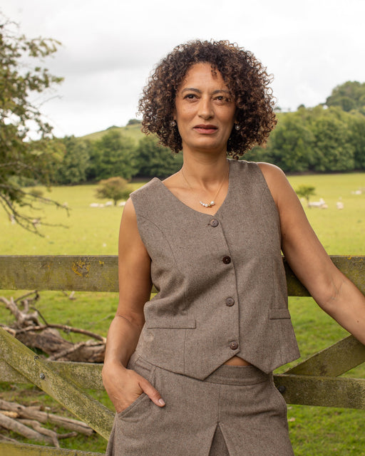 Chalk women’s Wendy waistcoat chestnut brown close-up button detail
