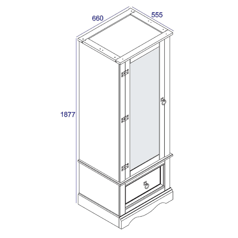 Stylish armoire combining a reflective mirrored door with a practical lower drawer, 187.7cm tall by 66cm wide by 55.5cm deep, 38.5kg.