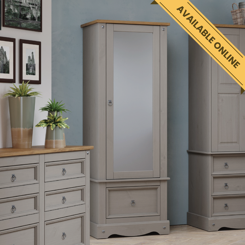 Elegant armoire featuring a full-length mirrored door and a convenient lower drawer to enhance light and storage; height 187.7cm, width 66cm, depth 55.5cm; weight 38.5kg.