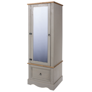 Stylish mirrored armoire with one reflective door and a practical bottom drawer, ideal for brightening and organizing bedroom spaces; dimensions: 187.7cm H × 66cm W × 55.5cm D; weighs 38.5 kilograms.