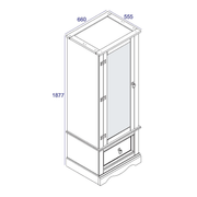 Space-enhancing armoire with a sleek mirrored front and a single storage drawer at the base; measures 187.7cm tall, 66cm wide, and 55.5cm deep; total weight 38.5kg.