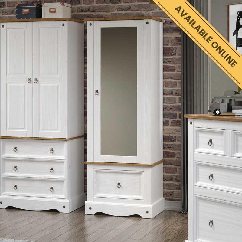 Classic armoire featuring a full-length mirrored door and a convenient bottom drawer, enhancing both style and storage; height 187.7cm, width 66cm, depth 55.5cm; weight 38.5kg.
