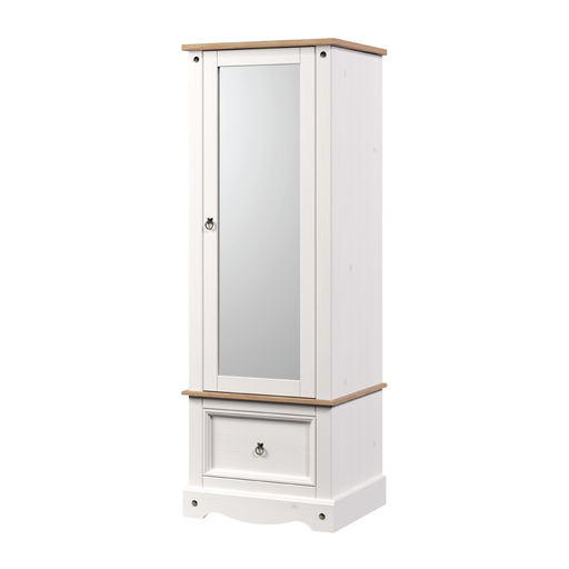 Elegant freestanding armoire with a reflective front panel and a single lower drawer, perfect for brightening and organizing bedroom or hallway spaces; dimensions: 187.7cm H × 66cm W × 55.5cm D; weighs 38.5 kilograms.