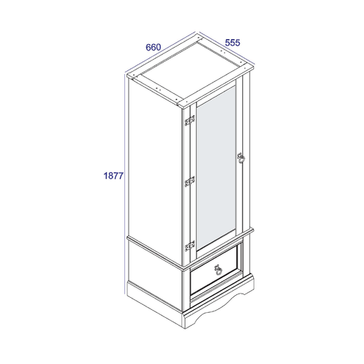 Timeless armoire combining a mirrored door with a practical storage drawer, adding light and sophistication to any interior; measures 187.7cm tall, 66cm wide, and 55.5cm deep; total weight 38.5kg.