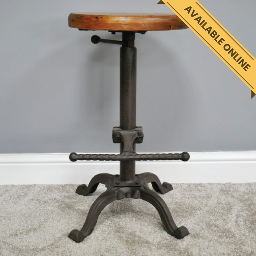Industrial bar stool with wooden seat, H:59cm W:35cm, Weight:10.5kg.