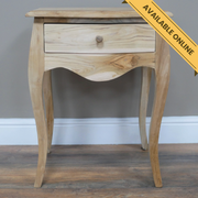 Short bedside cabinet with distinctive wavy legs and an unfinished wood surface, 61cm high, 45cm wide, 35cm deep, weighing 9.38kg, ideal for modern or rustic interiors.