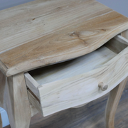 Unfinished wooden nightstand featuring sculpted wavy legs, dimensions 61cm H × 45cm W × 35cm D, weight 9.38kg, blending rustic charm with contemporary style.
