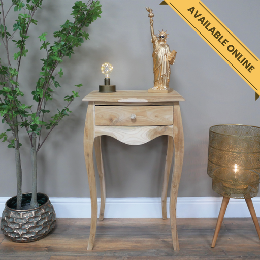 Bedside cabinet wavy legs unfinished. A unique and stylish piece, perfect for modern or rustic interiors, 75cm high, 45cm wide, 35cm deep, weighs 8.34kgs.