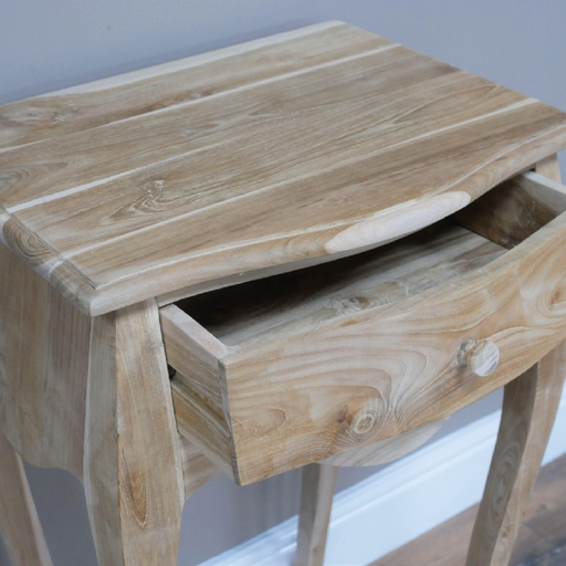 Stylish tall bedside cabinet in natural unfinished wood, featuring curved wavy legs, dimensions 75cm H x 45cm W x 35cm D, weight 8.34kg.