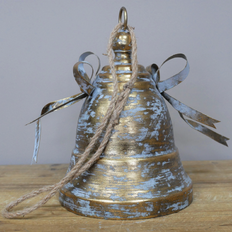 Stylish tabletop bell featuring a decorative ribbon, 26cm tall and 18cm in diameter, weight 0.42kg.