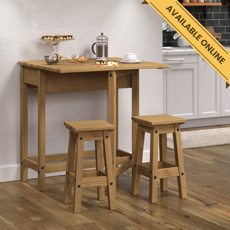 Compact breakfast set featuring a drop-leaf table and two stools that store neatly underneath; table height 84cm, width 80cm, depth 40cm closed or 72cm extended; total weight 22kg.