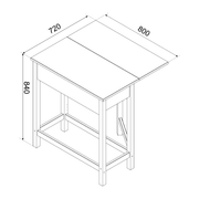 Practical breakfast nook ensemble including a drop-leaf table and two stools that slide fully under the tabletop; measures 84cm tall, 80cm wide, and 40–72cm deep; total weight 22kg.