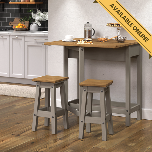 Compact breakfast set featuring a drop-leaf table (40cm closed, 72cm extended) and two matching stools; table height 84cm, width 80cm; total weight 22kg.