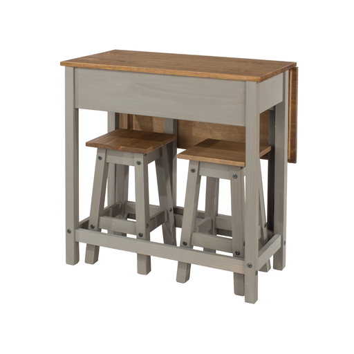 Practical drop-leaf breakfast table paired with two stools, offering flexible surface area in a compact footprint; table measures 84cm tall, 80cm wide, and 40–72cm deep; total weight 22kg.