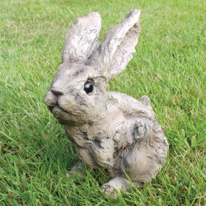 Stylish wooden-look bunny figurine with natural grain finish, dimensions 17cm H × 10cm W × 15cm D, weight 0.25kg.