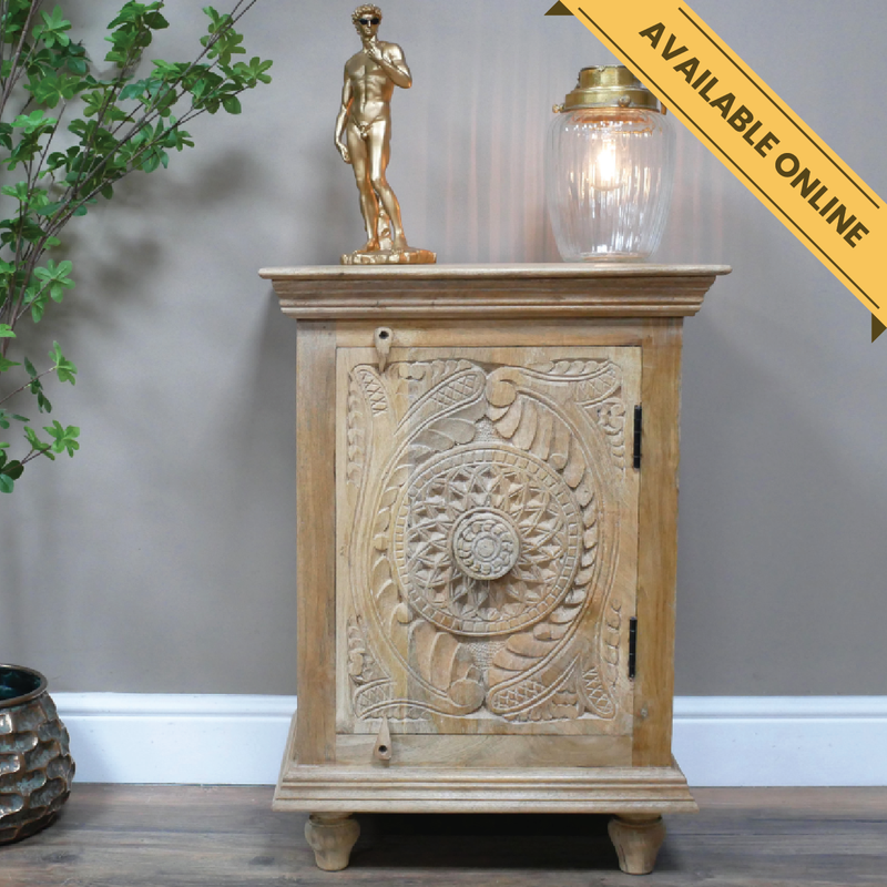 Carved bedside 1 door closed. A unique and stylish piece, perfect for modern or rustic interiors, 70cm high, 51cm wide, 36cm deep, weighs 13.45kgs.