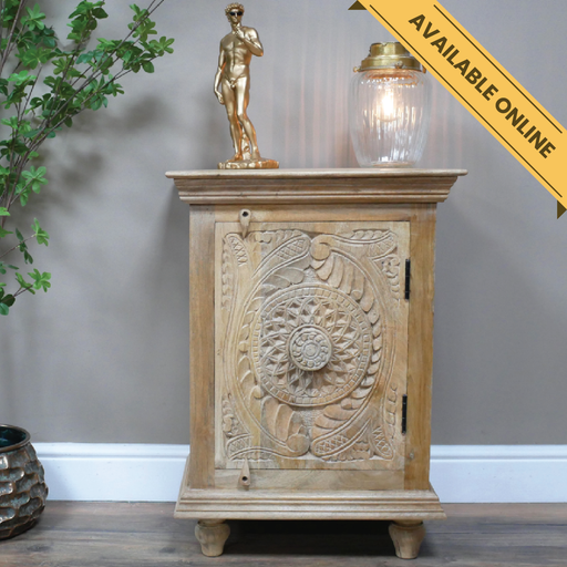 Carved bedside 1 door closed. A unique and stylish piece, perfect for modern or rustic interiors, 70cm high, 51cm wide, 36cm deep, weighs 13.45kgs.