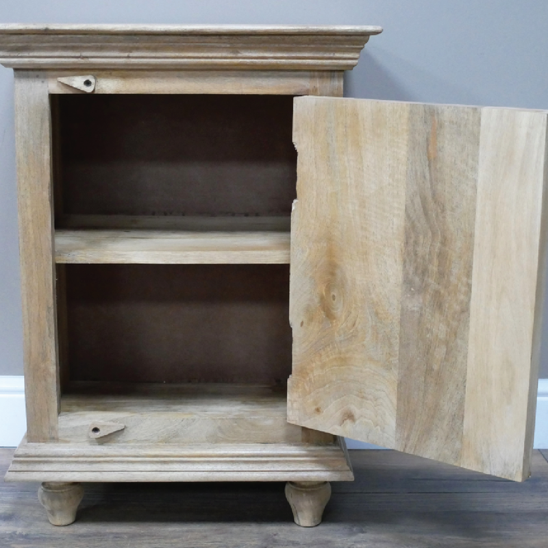 Rustic-modern carved wooden bedside table with one concealed storage compartment, 70cm tall by 51cm wide by 36cm deep, 13.45kg in weight.