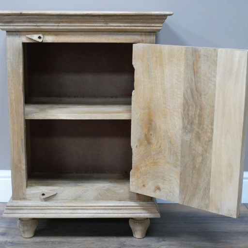 Rustic-modern carved wooden bedside table with one concealed storage compartment, 70cm tall by 51cm wide by 36cm deep, 13.45kg in weight.