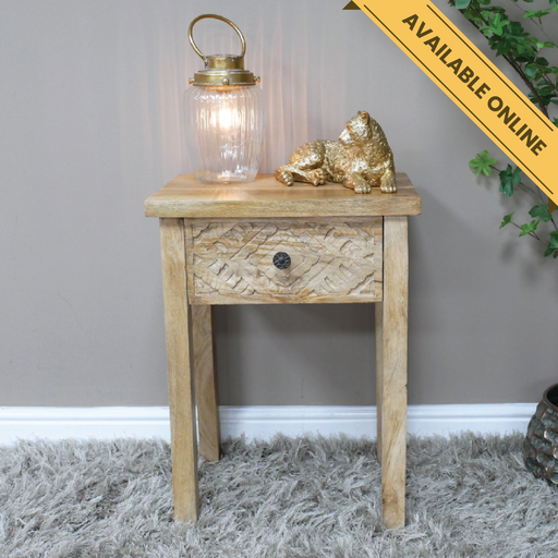 Carved bedside table with single drawer, open legs, H:61cm W:45cm D:35cm, Weight:9.1kg.
