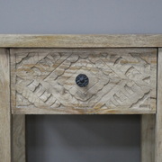 Decorative bedside table with detailed carving, one drawer, and exposed legs for a light, airy look, 61cm H x 45cm W x 35cm D, 9.1kg.