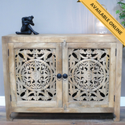 Carved cabinet two door cutout. A unique and stylish piece, perfect for modern or rustic interiors, 90cm high, 120cm wide, 42cm deep, weighs 36.40kgs.
