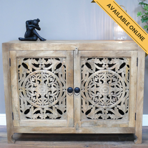 Carved cabinet two door cutout. A unique and stylish piece, perfect for modern or rustic interiors, 90cm high, 120cm wide, 42cm deep, weighs 36.40kgs.