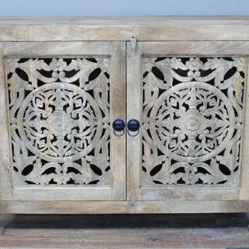Stylish wooden cabinet featuring two doors and intricate cutout carvings, dimensions 90cm H × 120cm W × 42cm D, weight 36.40kg.