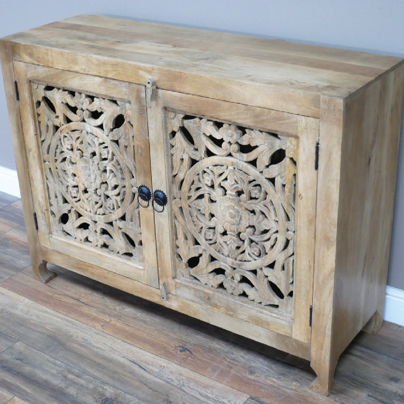 Rustic-modern storage cabinet with ornate carved cutouts and two functional doors, 90cm tall by 120cm wide by 42cm deep, 36.40kg in weight.