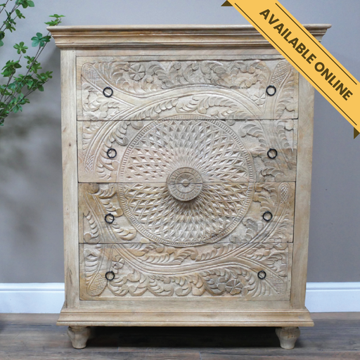 Carved chest 4 drawer black ring pulls. A unique and stylish piece, perfect for modern or rustic interiors, 110cm high, 90cm wide, 41cm deep, weighs 41.80kgs.